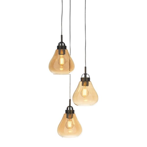 Turua 3 light cluster pendant in antique brass with amber glass shades on white background lit