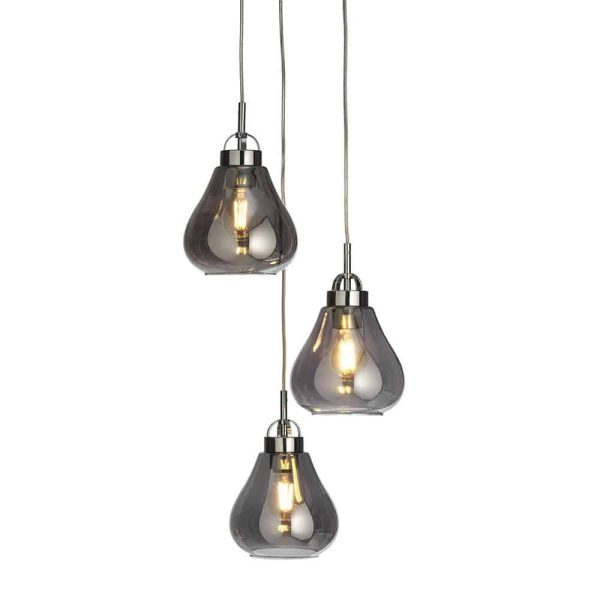 Turua 3 light cluster pendant in polished chrome with smoked glass shades on white background lit