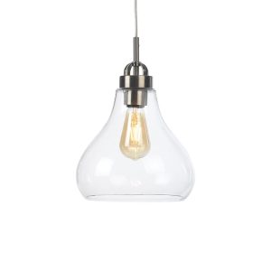 Turua medium pendant light in antique chrome with clear glass on white background lit