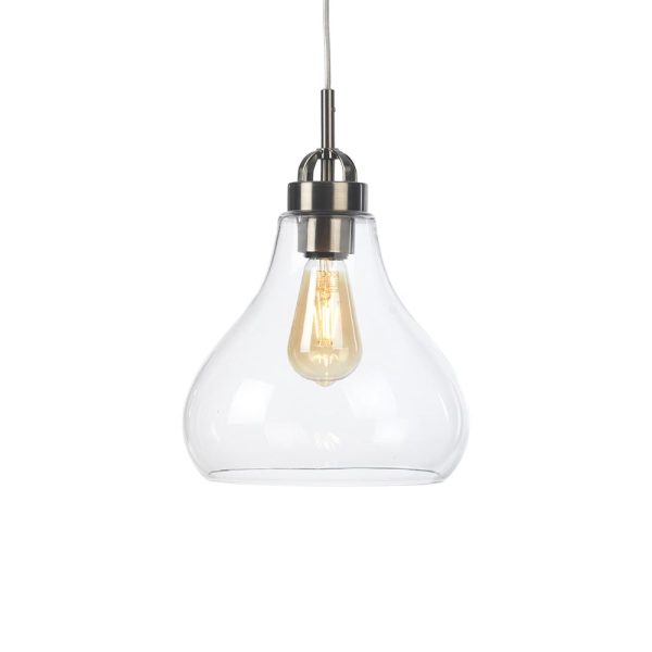 Turua medium pendant light in antique chrome with clear glass on white background lit