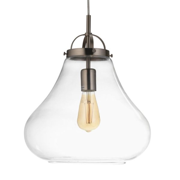 Turua large pendant light in antique chrome with clear glass on white background lit