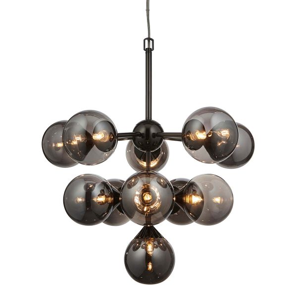 Oscar 11 light ceiling pendant in black chrome with smoked mirror glass on white background lit