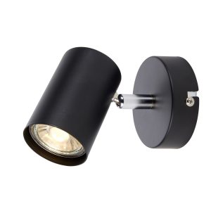 Aretzzo modern 1 light wall spotlight in matt black on white background, lit.