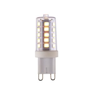 Bright 3.7W warm white G9 dimmable LED lamp bulb on white background, lit.