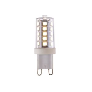 Bright 3.7W cool white G9 dimmable LED lamp bulb on white background, lit.