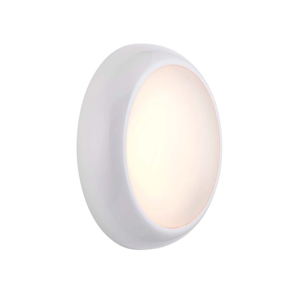 HeroPro mini 1w CCT LED bulkhead light in white and rated IP65 on white background lit