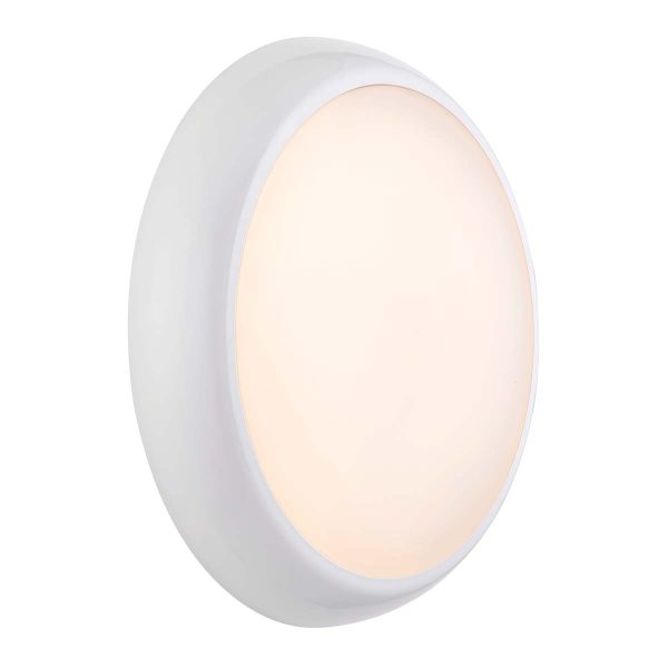 HeroPro large 28W CCT LED bulkhead light in white and rated IP65 on white background lit