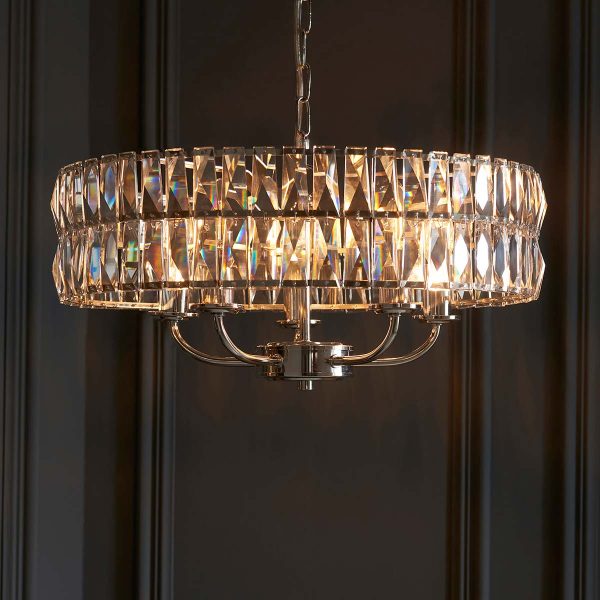 Clifton 5 light pendant in polished nickel in grey panelled room