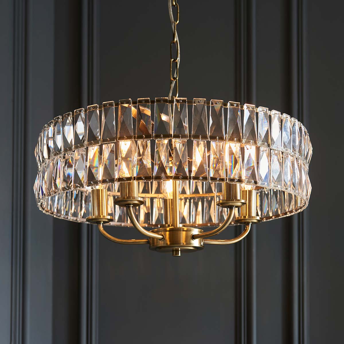 Clifton 5 Light Pendant Antique Brass Faceted Glass
