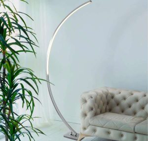 Colton 24w LED contemporary curved floor lamp with dimmer in satin silver
