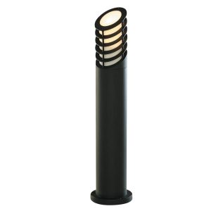 Black aluminium 730mm slatted outdoor light bollard, shown lit on white background.