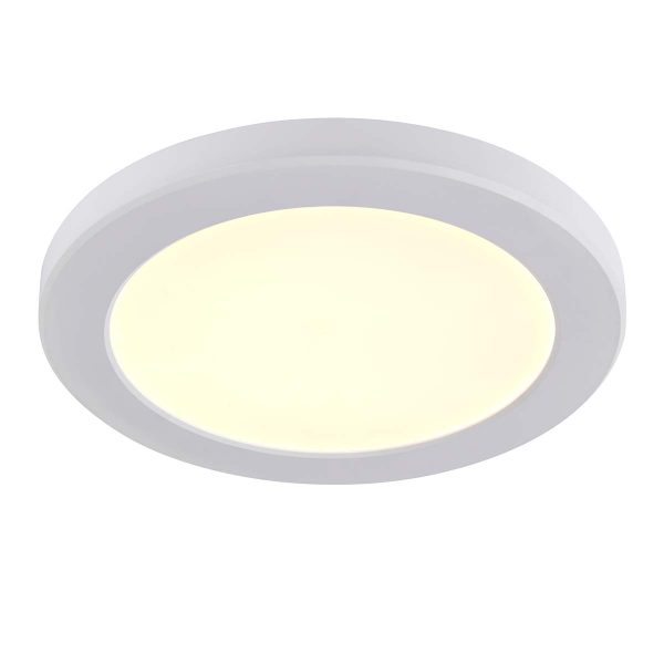 StratusDISC flush CCT LED bathroom ceiling light in matt white on white background lit