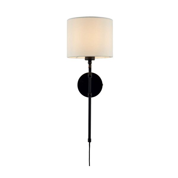 Munich plug in wall light with natural linen shade in matt black on white background lit