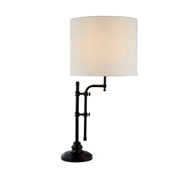 Munich 1 light table lamp with natural linen shade in matt black on white background lit