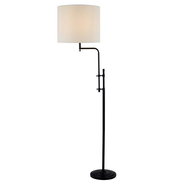 Munich 1 light floor lamp with natural linen shade in a matt black on white background lit