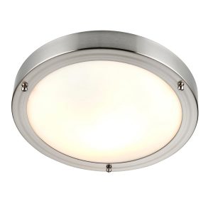Portico flush bathroom ceiling light in satin nickel on white background lit