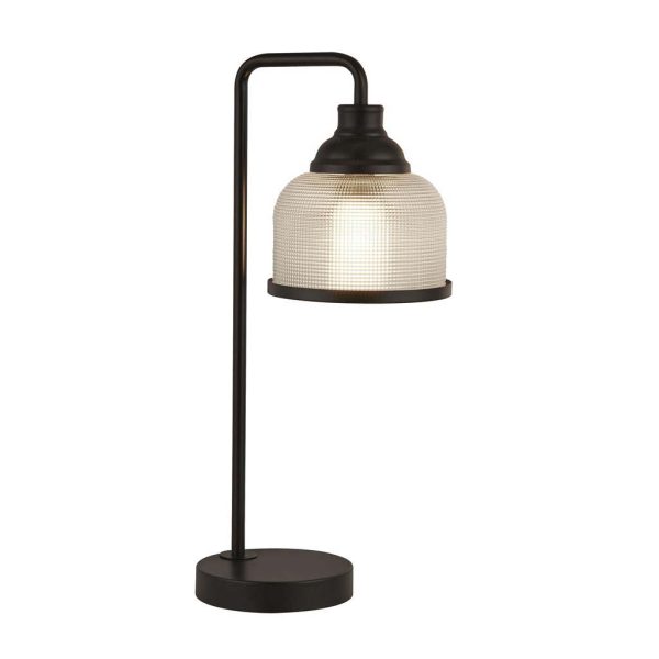 Highworth traditional table lamp in matt black with Holophane glass shade on white background lit