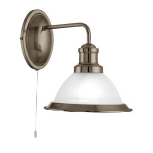 Bistro switched single wall light in antique brass with etched glass shade on white background