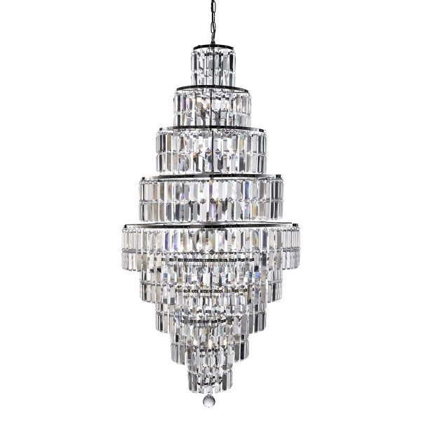 Empire clear crystal 13 light Art Deco chandelier in polished chrome on white background lit