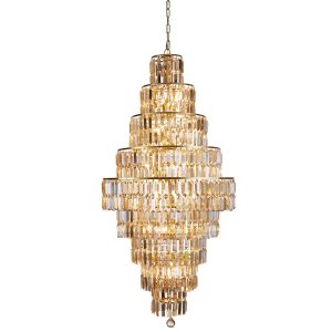 Empire champagne crystal 13 light Art Deco chandelier in satin brass on white background lit