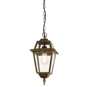 New Orleans hanging outdoor porch lantern in black and gold on white background lit