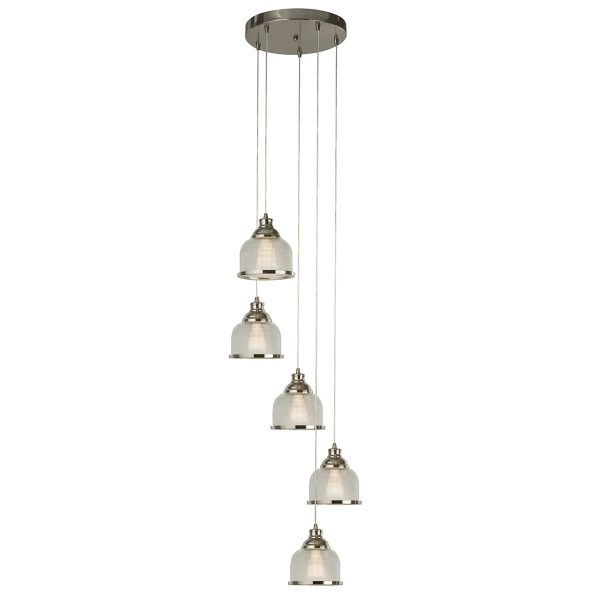 Bistro II 5 light multi drop pendant in satin silver with Holophane glass shades on white background