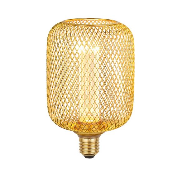 Gold wire mesh drum 3.5w dimmable LED lamp bulb for E27 lamp holders on white background lit
