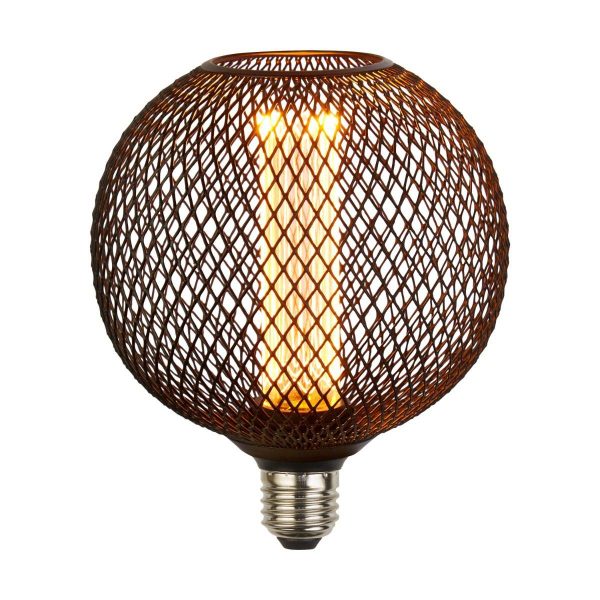Black wire mesh globe 3.5w dimmable LED lamp bulb for E27 lamp holders on white background lit