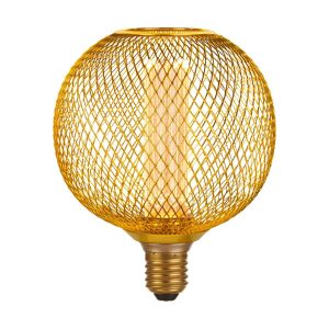 Gold wire mesh globe 3.5w dimmable LED lamp bulb for E27 lamp holders on white background lit