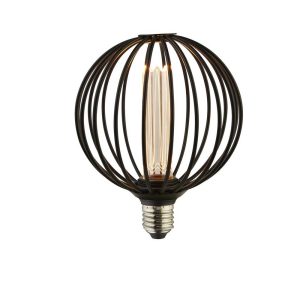 Black wire globe cage 3.5w dimmable LED lamp bulb for E27 lamp holders on white background lit