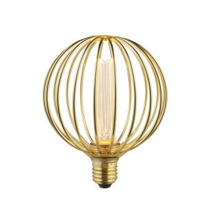 Gold wire globe cage 3.5w dimmable LED lamp bulb for E27 lamp holders on white background lit