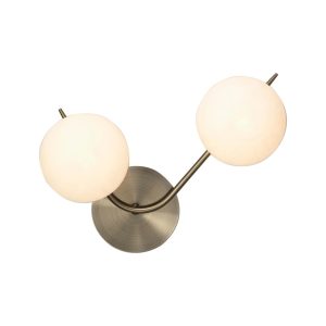 Ruse twin antique brass wall light with opal glass globe shades main image