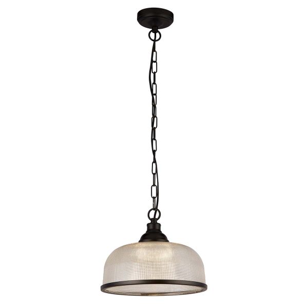 Highworth 1 light ceiling pendant in matt black with Holophane glass shade on white background lit
