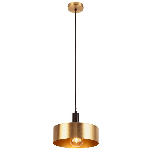 Knox single modern pendant light in black and gold on white background lit