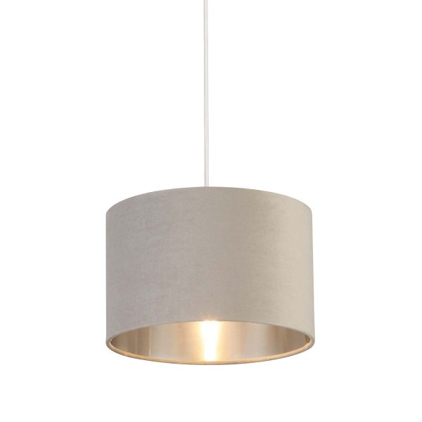 Easy fit 28cm drum light grey velvet ceiling lamp shade with silver lining on white background