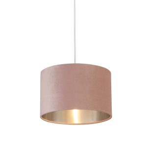 Easy fit 28cm drum pink velvet ceiling lamp shade with silver lining on white background