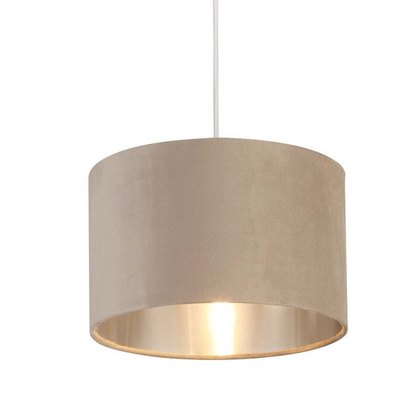 Easy fit 28cm drum taupe velvet ceiling lamp shade with silver lining on white background lit