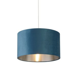 Easy fit 28cm drum teal velvet ceiling lamp shade with silver lining on white background lit