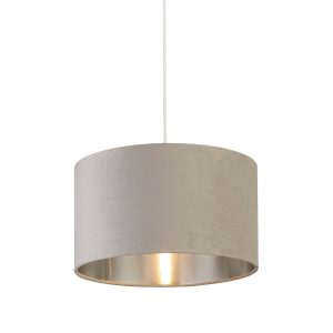 Easy fit 38cm drum light grey velvet ceiling lamp shade with silver lining on white background lit