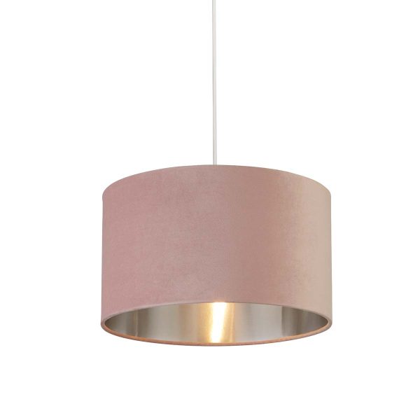 Easy fit 38cm drum pink velvet ceiling lamp shade with silver lining on white background lit