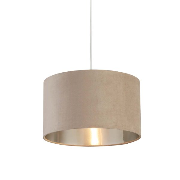 Easy fit 38cm drum taupe velvet ceiling lamp shade with silver lining on white background lit