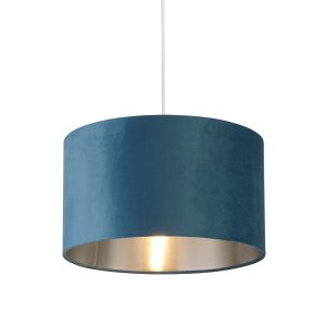 Easy fit 38cm drum teal velvet ceiling lamp shade with silver lining on white background lit