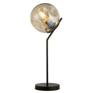 Punch modern table lamp in matt black with champagne glass shade on white background lit