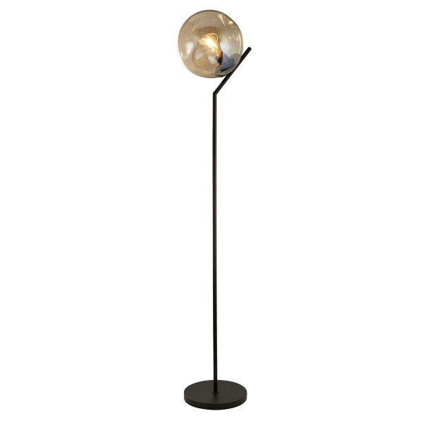 Punch modern floor lamp in matt black with champagne glass shade on white background lit