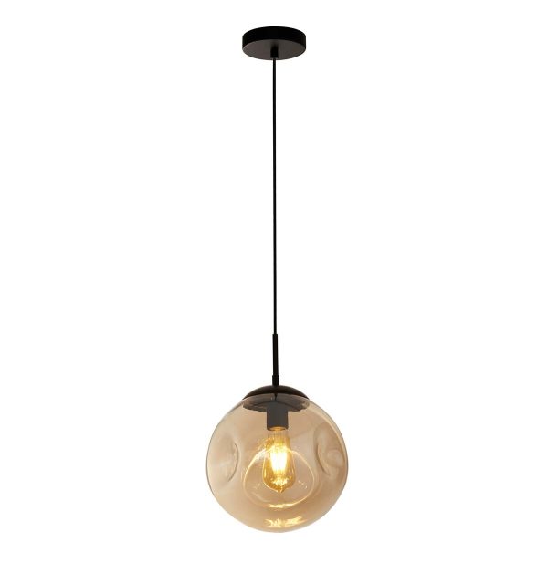 Punch single light pendant in matt black with champagne glass shade on white background lit