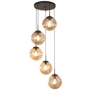 Punch 5 light multi drop pendant in matt black with champagne glass shades on white background lit