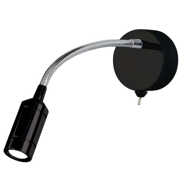 Flexy flexible LED bedside wall reading light in polished chrome and black on white background