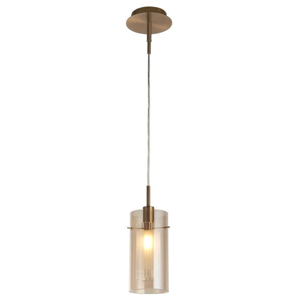 Duo III single light pendant in bronze finish with champagne glass shade on white background lit