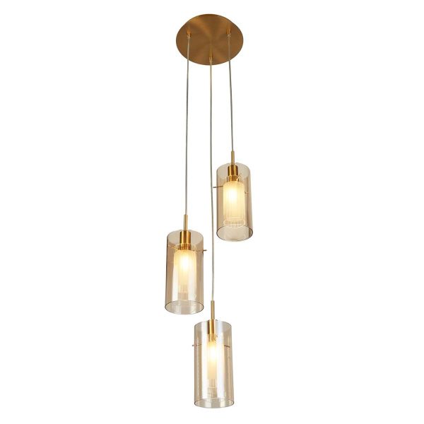 Duo III 3 light multi drop pendant in bronze with champagne glass shades on white background lit