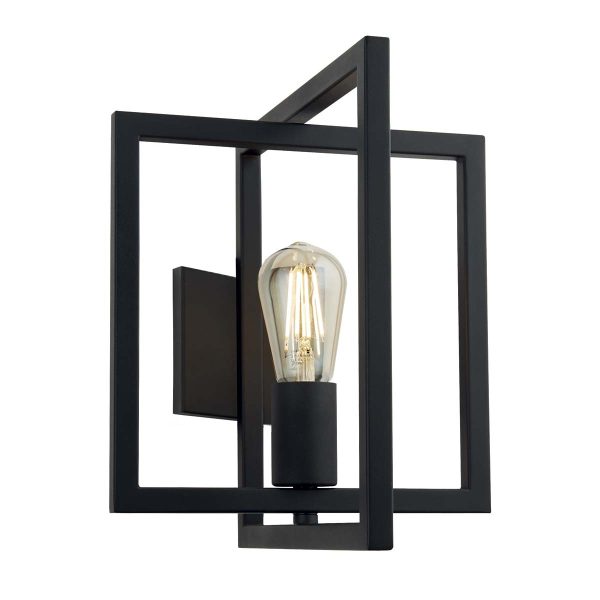Plaza single wall light in matt black steel with industrial style on white background lit
